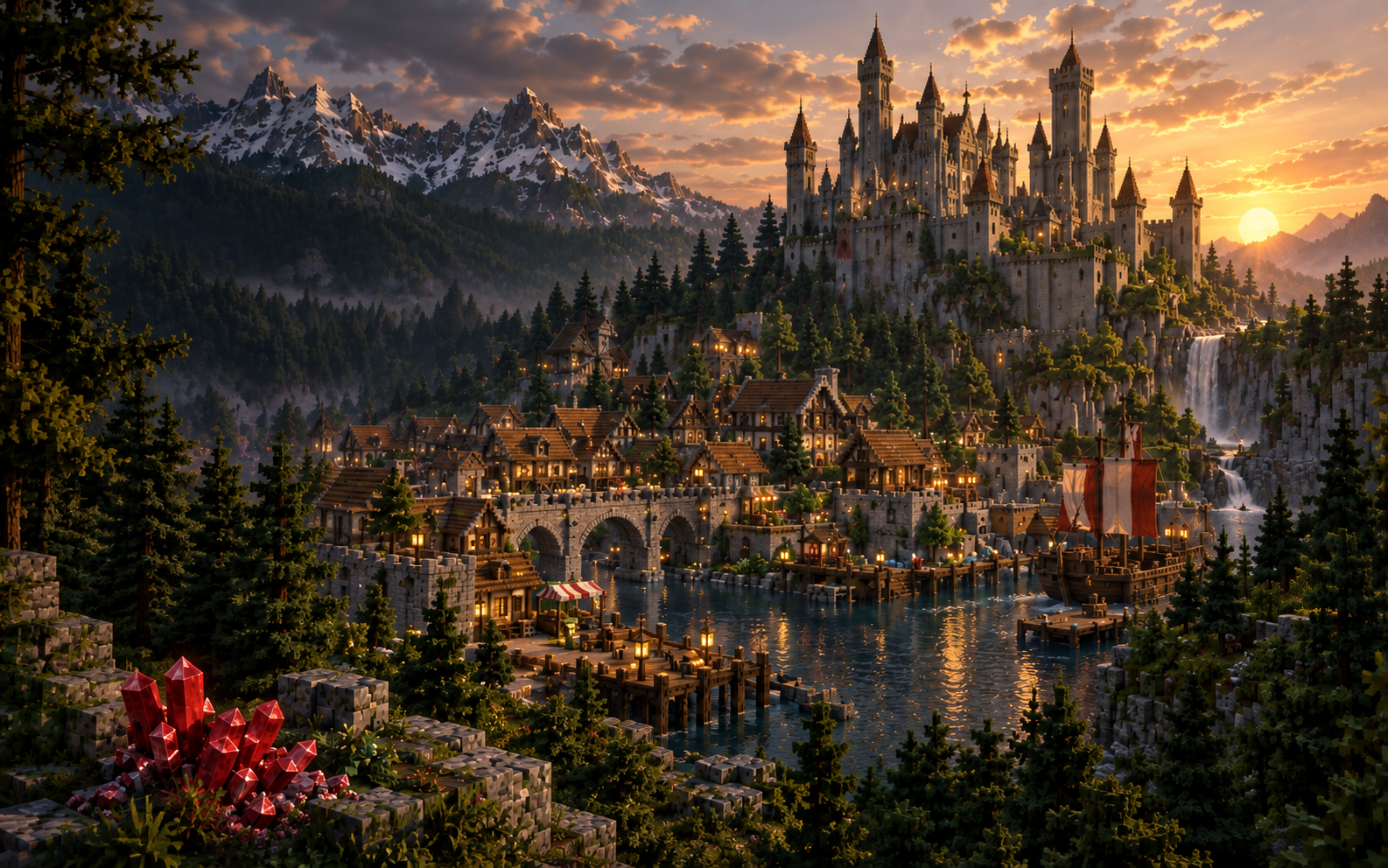 Illustration d’un royaume fantastique avec ses villages et ses remparts