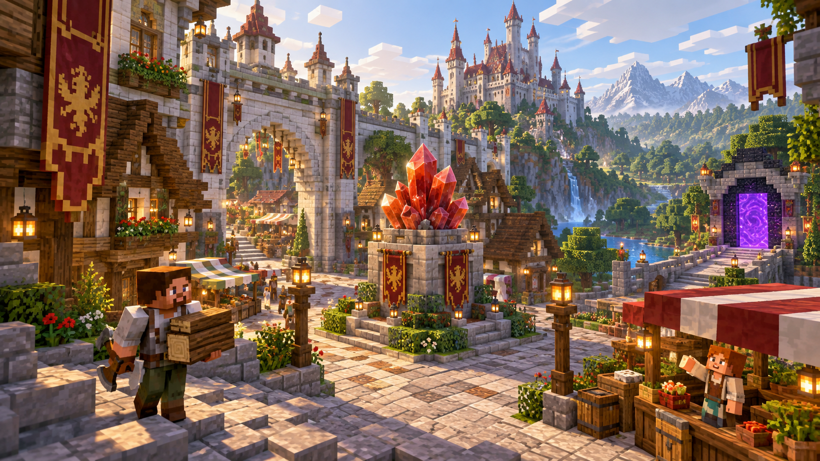 Illustration d’une place de village SkarCraft, avec son marché et son cristal rouge
